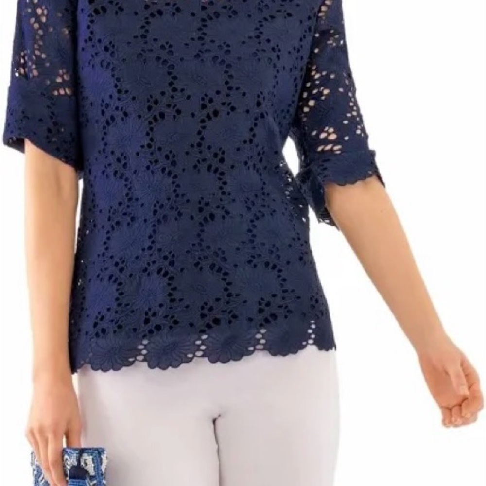 Gretchen Scott Daisy Embroidered Navy Blue Top Blouse Medium